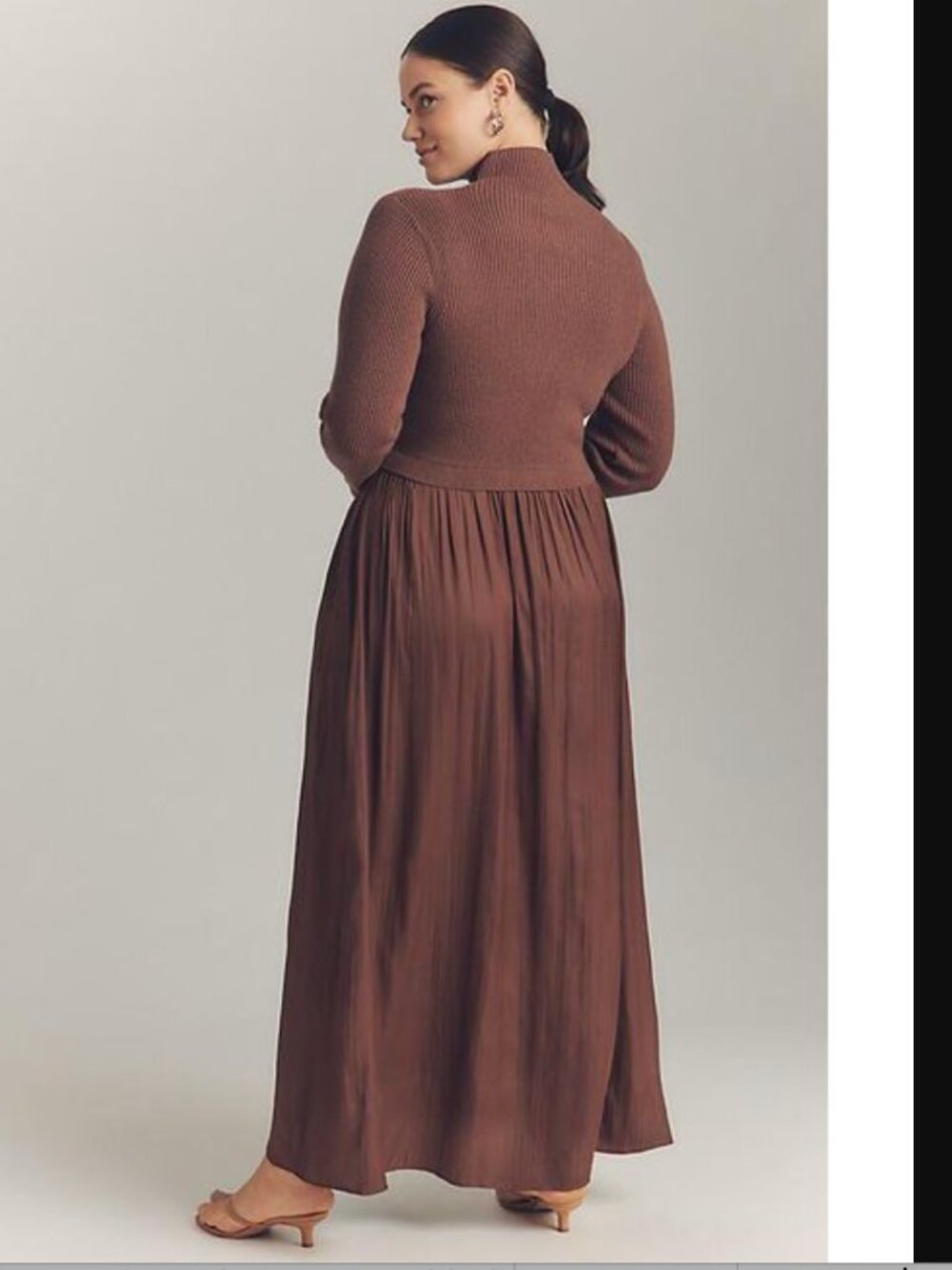 Anthropologie Twofer Knit Ribbed Satin Pleated Maxi Dress Size 2X Brown - Picture 2 of 14
